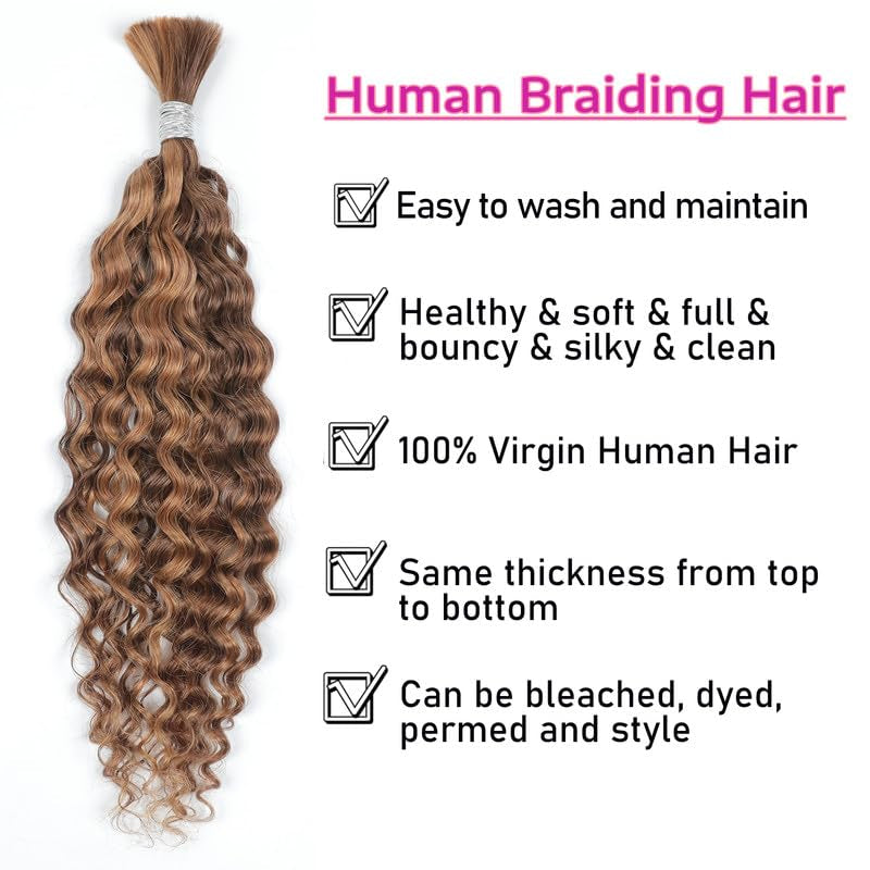 Human Braiding Hair 14Inch Water Wave Bulk Human Hair for Braiding 100G 2Bundle/Pack No Weft Human Hair Bundles for Braiding Micro Human Braiding Hair for Boho Braids(14Inch,4/30#)