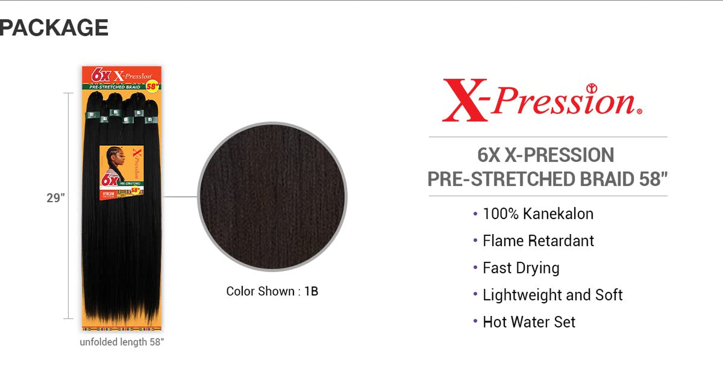 Xpression Prestretched Braiding Hair - Kanekalon Flame Retardant Smooth Yaki Braid Hair Extension 6X 58 Inch (Color:1 JET BLACK)