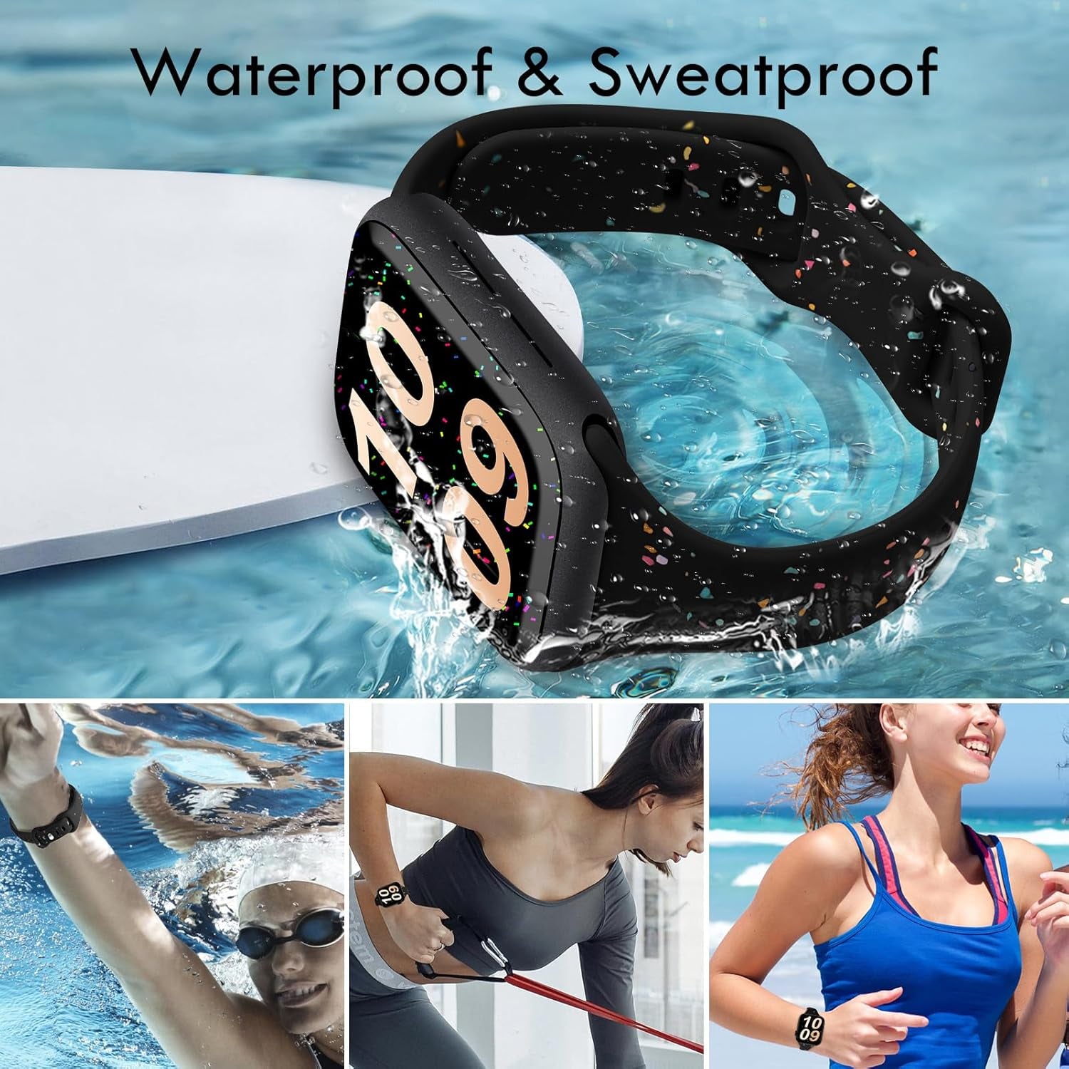 Slim Sport Band Compatible with Apple Watch Band 40Mm 38Mm 41Mm for Women Girls, Recycled Silicone Strap for Iwatch Bands Series 10 9 8 7 6 SE 5 Ultra 4 3 2 1 -Black