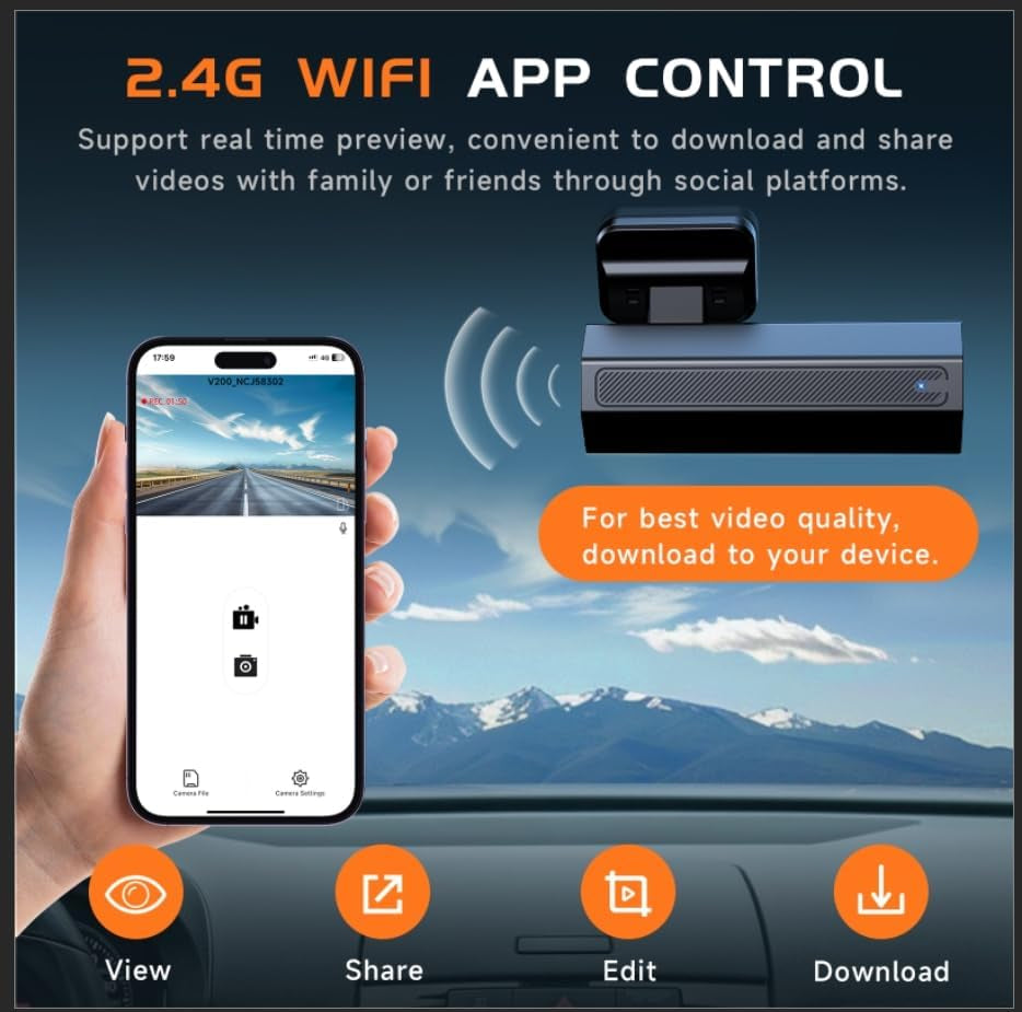 Dash Cam Front 2.5K:  Mini Dash Cam for Cars, 1440P Car Camera with APP, Wifi Dash Cam with WDR Night Vision, 24 Hours Parking Monitor Dashcams, 160°Wide, G-Sensor