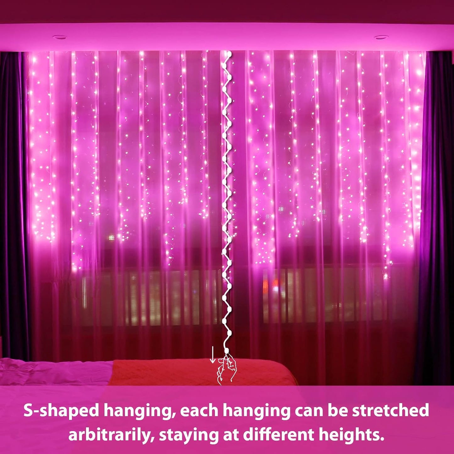 300LED Pink Fairy Curtain Hanging Lights with Remote 8 Modes Timer for Bedroom, 9.8X9.8Ft USB Plug in Christmas Fairy String Lights for Outdoor, Weddings, Party, Garden, Wall, Decorations