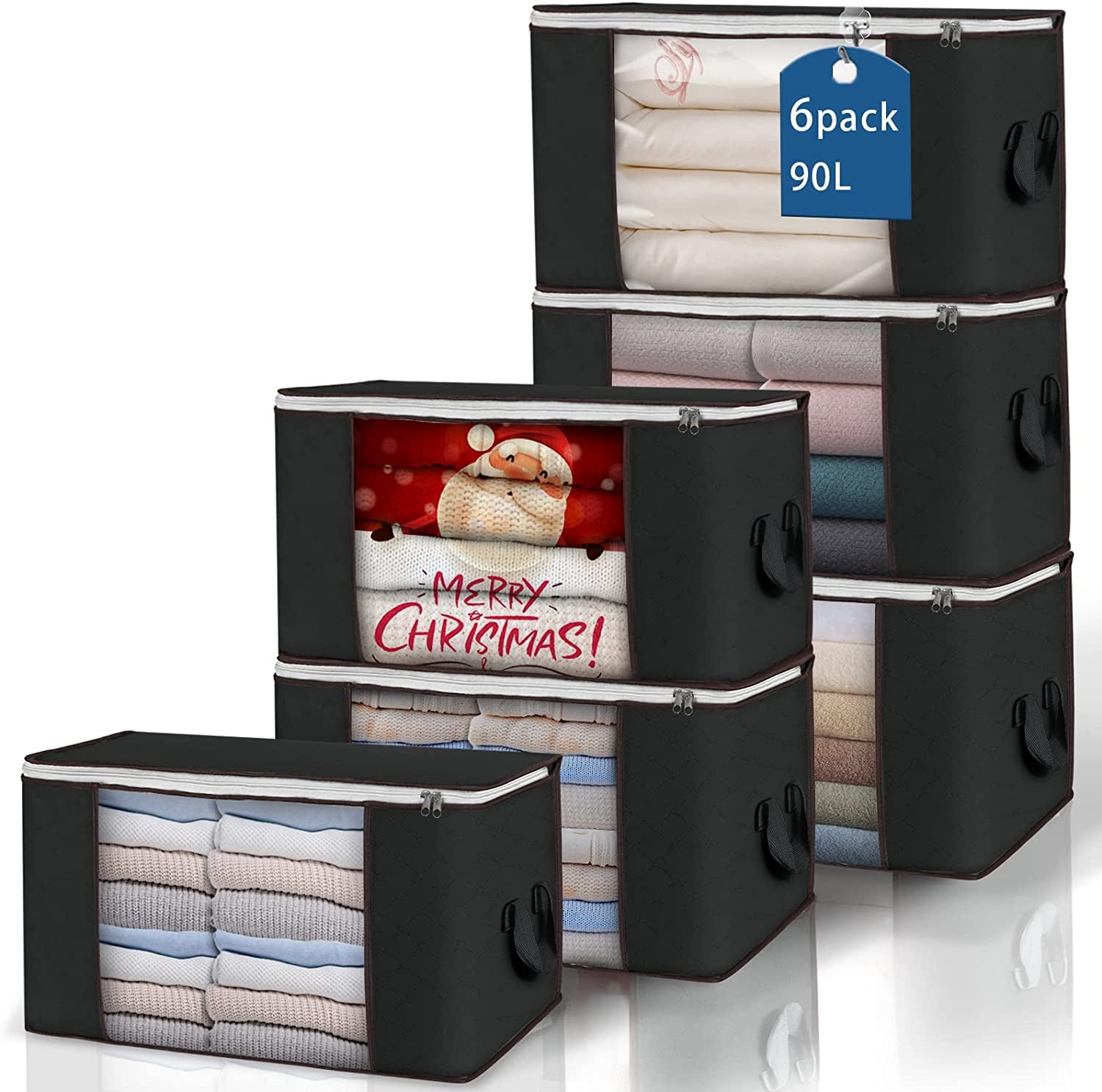 90 L Large Storage Bags, 6 Pack Clothes Storage Bins Foldable Closet Organizers Storage Containers with Reinforced Handle for Clothing, Blanket, Comforters, Bed Sheets, Pillows and Toys (Gray)