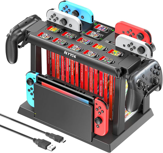 Switch Games Organizer Station with Controller Charger, Charging Dock for Nintendo Switch & OLED Joycons, Switch Mounts, Brackets & Stands for Games, TV Dock, Pro Controller, Accessories Kit Storage