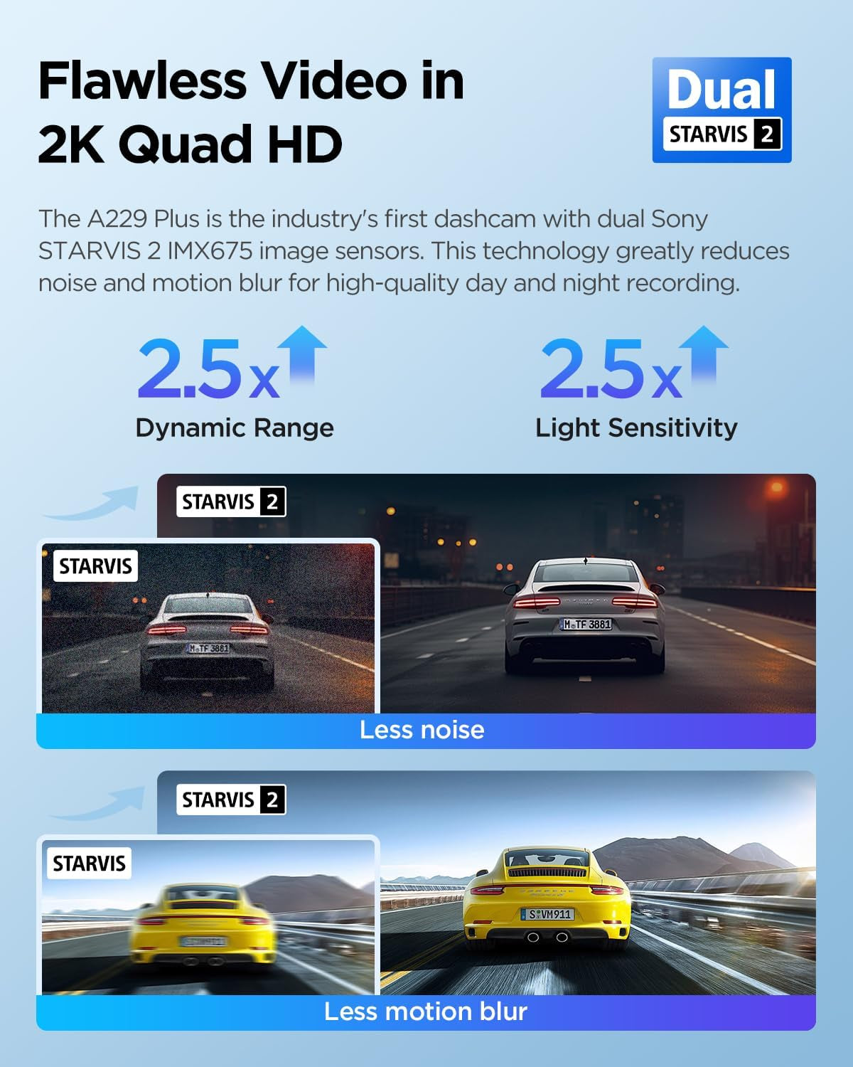 A129 plus Duo Upgraded Model, Dash Cam Front and Rear, Dual STARVIS 2 Sensors, 2 Channel HDR, 1440P+1440P Voice Control Car Dash Camera, 5Ghz Wi-Fi, Support 512GB Max (A229 plus 2CH)