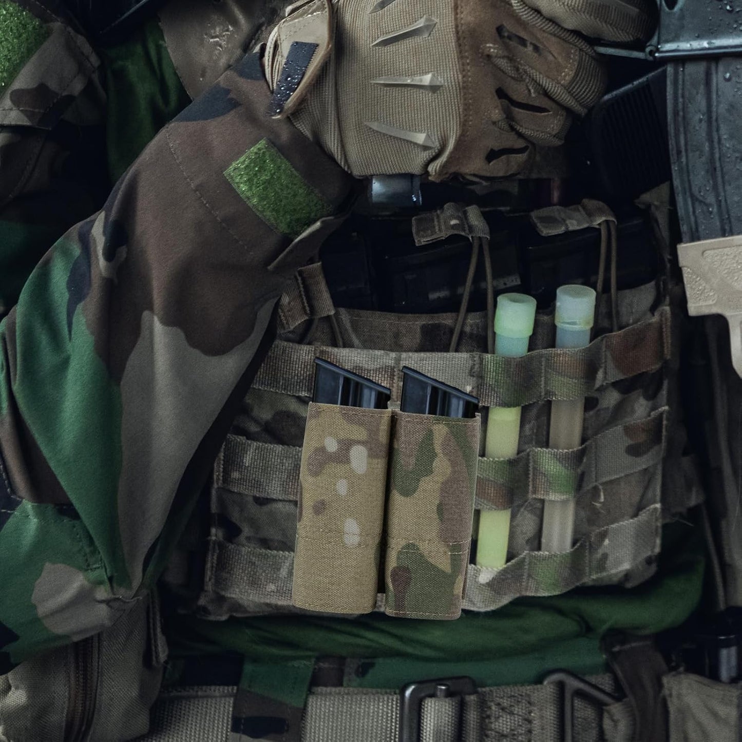 Double Pistol Mag Pouch with Quick Release, 9Mm Nylon Magazine Holder, Includes 4 Molle Elastic Bands, Premium Battle Belt Accessories