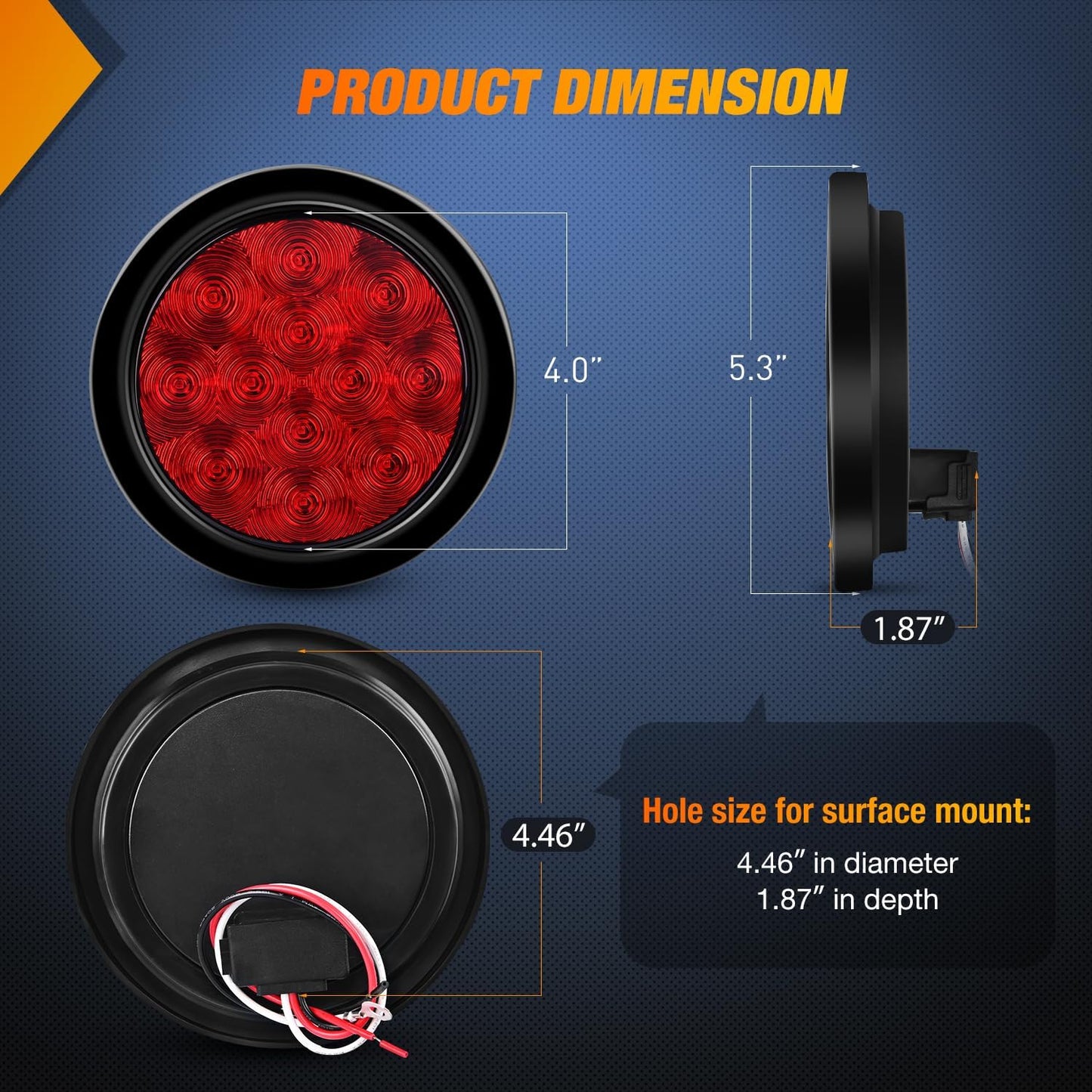- TL-18 2PCS 4" round Red LED Trailer Tail Lights W/Surface Mount Grommet Plugs IP67 Stop Brake Turn Tail Lights for Truck Trailer RV Jeep