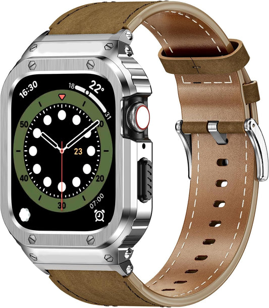 Stainless Steel Case and Bands Compatible with Apple Watch Band 38Mm 40Mm 41Mm 42Mm 44Mm 45Mm 49Mm,Leather Strap Rugged Cover for Iwatch Series Ultra 9 8 7 6 5 4 3 2 1 SE