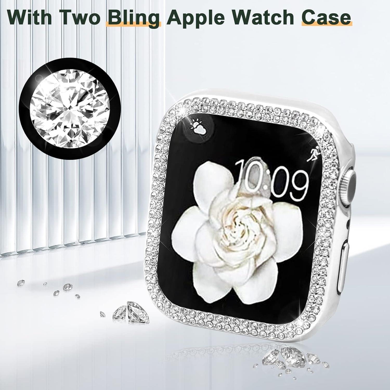 Compatible with Apple Watch Band 38Mm 40Mm 41Mm 42Mm 44Mm 45Mm 49Mm with 2 Pack Case Women, Jewelry Replacement Metal Wristband Strap with Bling PC Protective Case for Iwatch Ultra SE Series 9/8/7/6/5/4/3/2/1