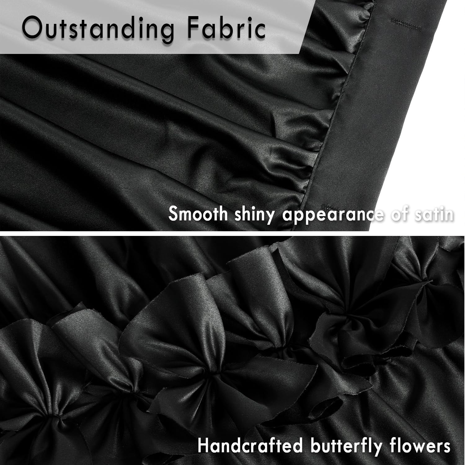Black Ruffle Shower Curtain, Vintage Handcrafted Bow Tie Bath Curtain for Master Bathroom, Ruched Satin Bathroom Curtain with 12 Buttonholes, 72" W X 72" H (LQ-10)