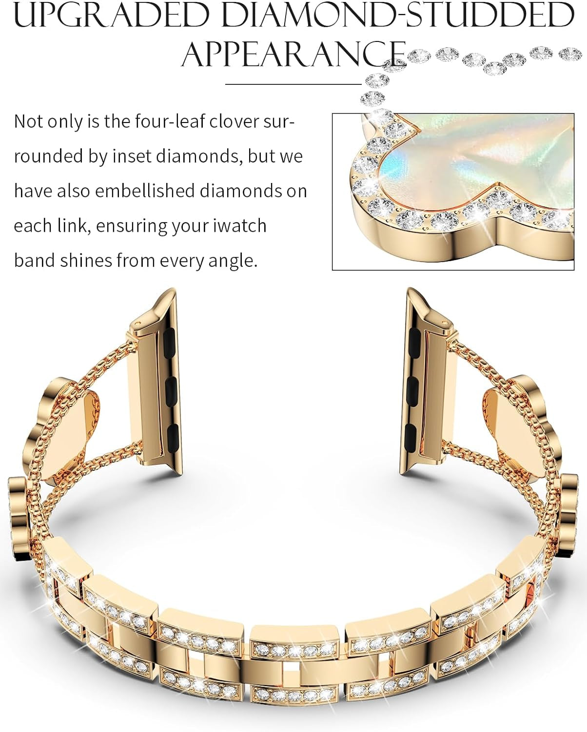 Bling Womens Band Compatible with Apple Watch Band 40Mm 41Mm 38Mm Series 9 8 7 6 5 4 3 2 1 SE, Sparkle Diamond Replacement Bracelet Wristband, Cute Lucky Clover Dressy Iwatch Band,Gold/White