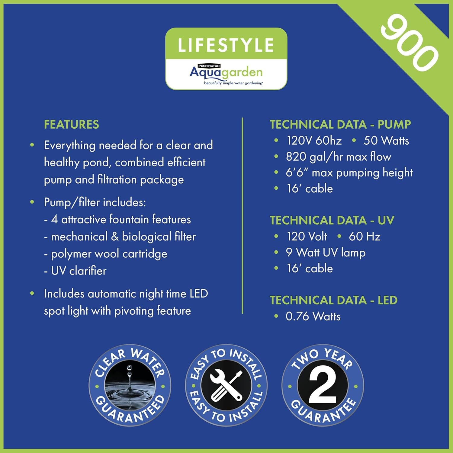 Pennington, Inpond 6 in 1 Pond & Water Pump, Filter, UV Clarifier, LED Spotlight,All in One Solution for a Clean, Clear and Beautiful Pond, for Ponds up to 900 Gallon, Black