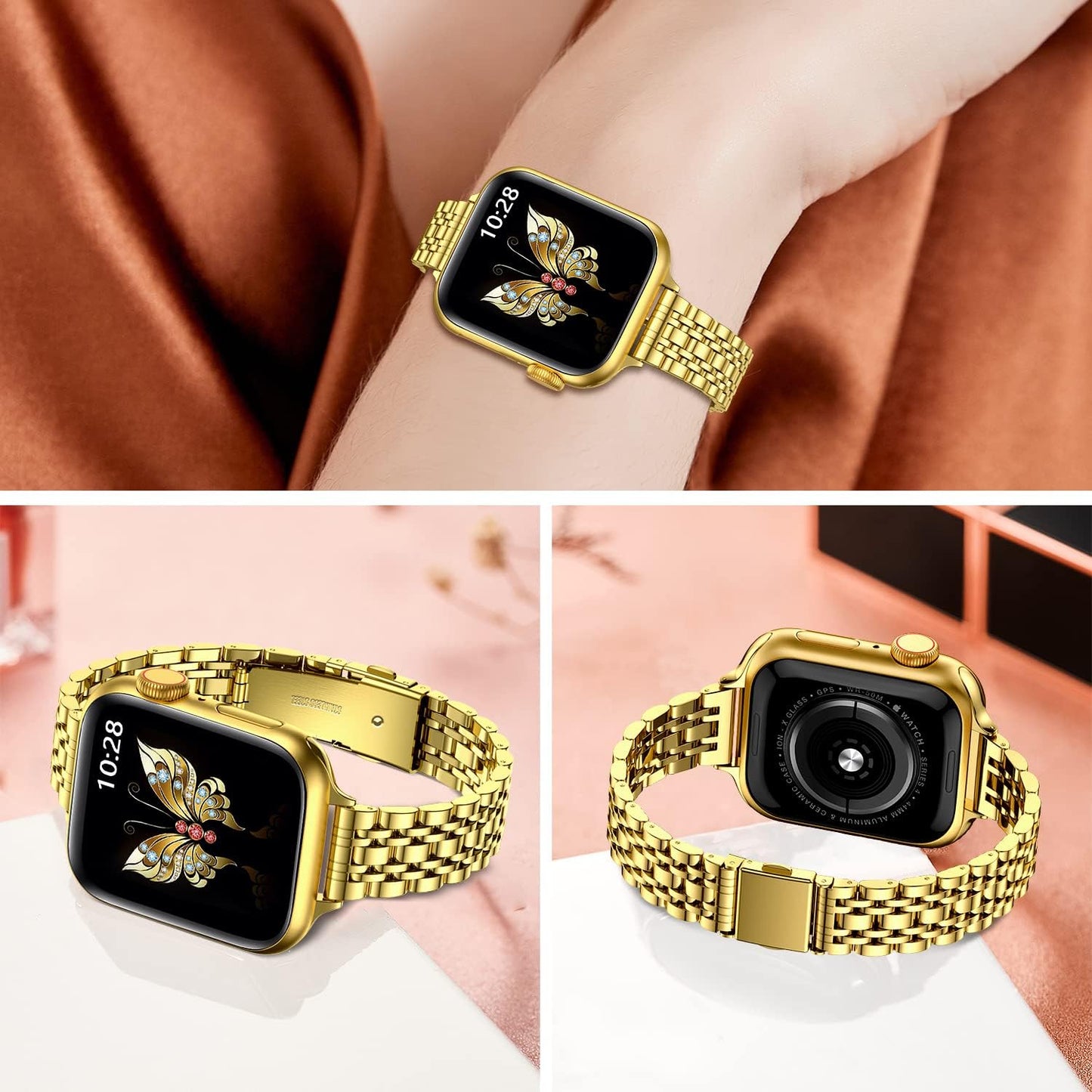 Slim Metal Band Compatible with Apple Watch Band 41Mm 40Mm 38,Mm,Dressy Stainless Steel Chain Strap for Women Iwatch Bands Series 9 8 7 6 5 4 3 2 1 Se,Gold