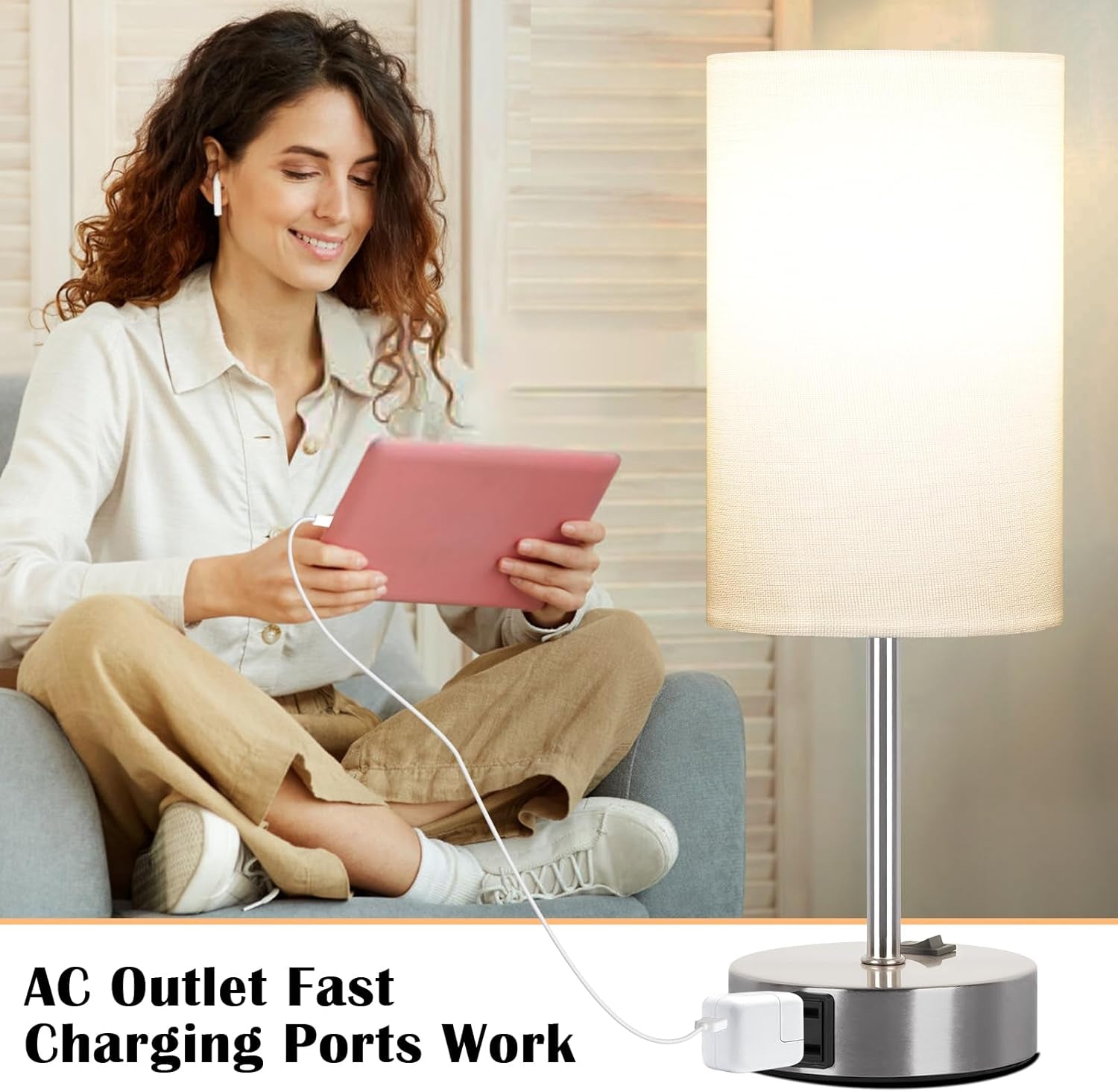 Table Lamp for Bedroom Set of 2, Bedside Small Lamps with 3 Way Dimmable Rocker Switch and AC Outlet, Nightstand Desk Lamp with White Fabric Shade Nickel Base for Living Room Home Decor Lights
