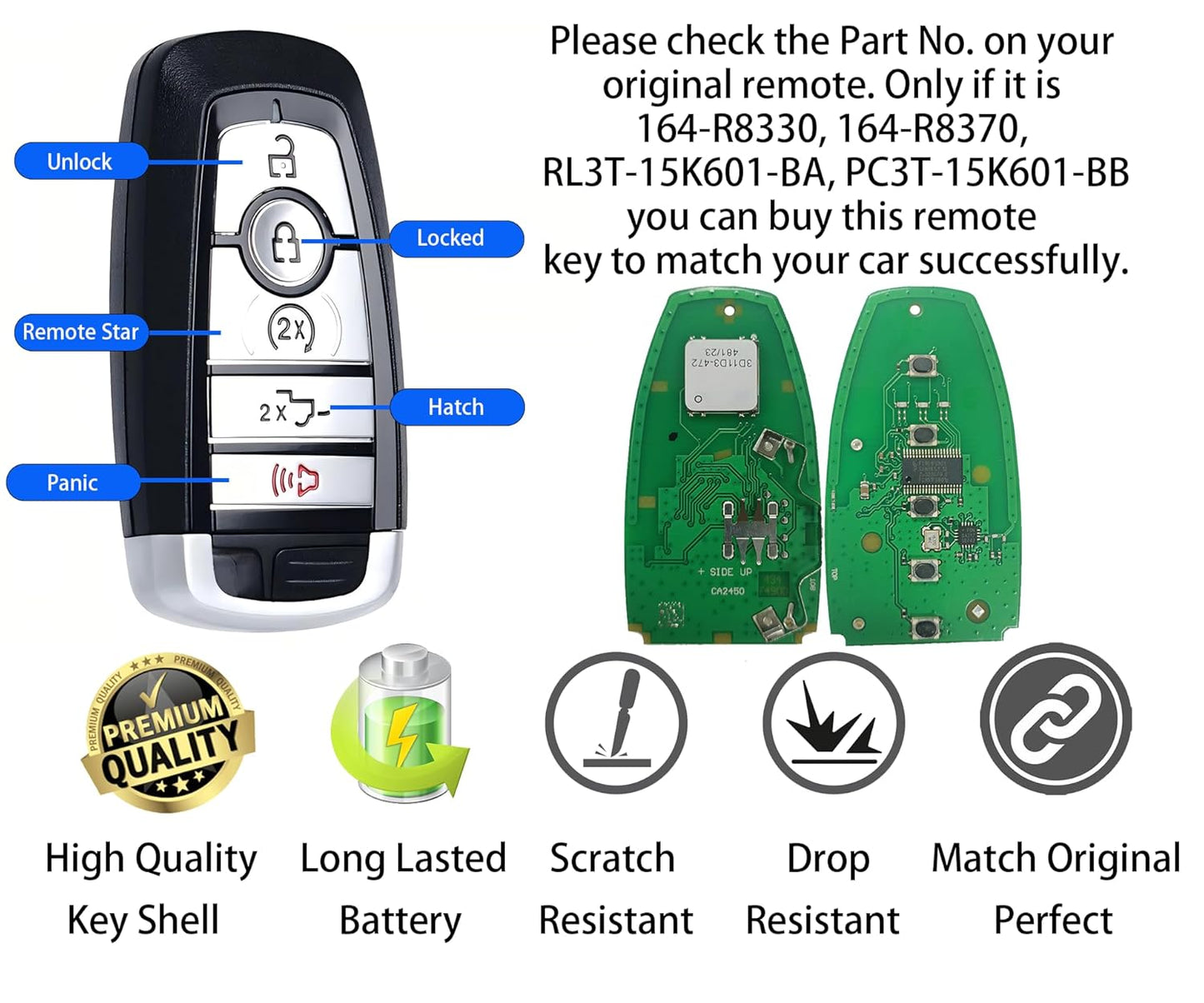 Smart Key Fob for Ford F-Series 2023-2024,  Proximity Key Fob Replacement for Ford F250 F350 F450 F550 2023-2024 M3N-A3C108397 RL3T-15K601-BA PC3T-15K601-BB 164-R8370 164-R8330