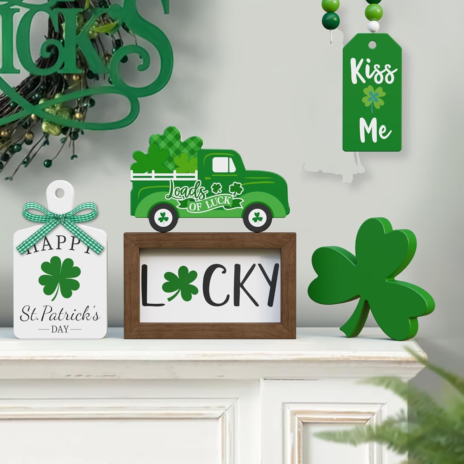 St. Patrick'S Day Tiered Tray Decor Set - 5 Pcs Shamrock Wooden Signs Lucky Decor Bead Garland, St. Patricks Day Decorations for Home Kitchen Table Party Decorations