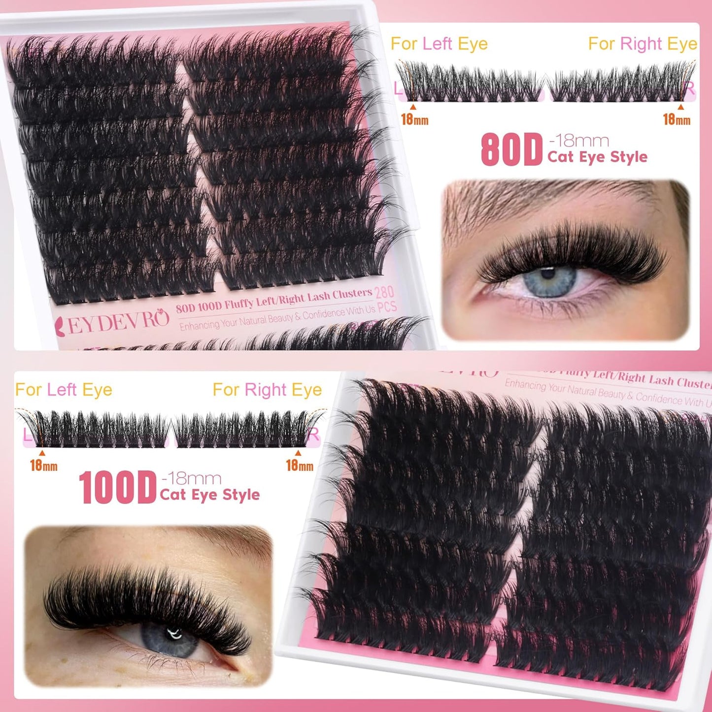 Fluffy Lash Clusters Kit 80D100D Volume Lash Extension Kit 280 Pcs Left/Right Cluster Eyelash Extension Kit D Curl Thick Mega Lash Clusters with Waterproof Lash Bond and Seal and Lash Tweezers