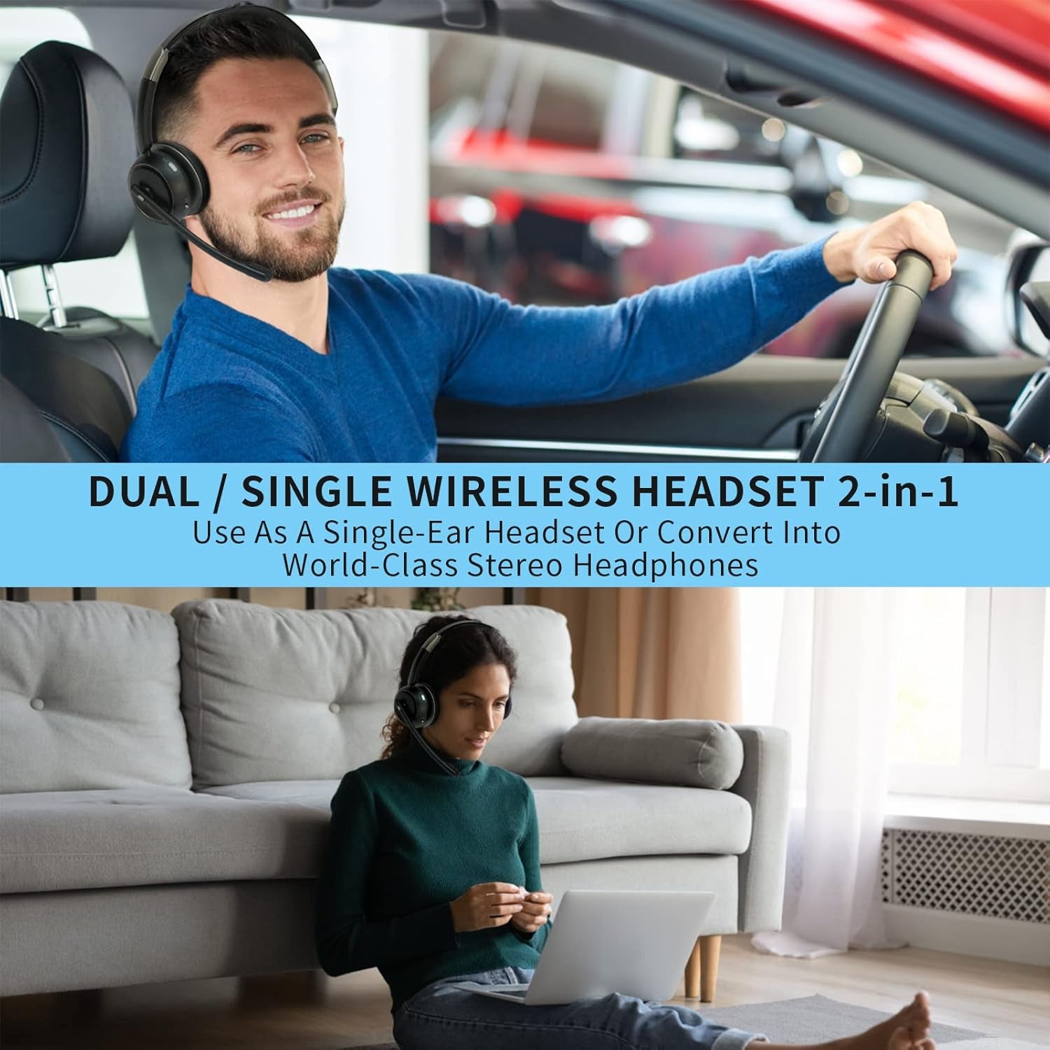 Bluetooth Headset with Microphone, V5.2 Single and Dual Ear Wireless Headphones with AI Noise Cancelling for Cell Phone, Laptop,Trucker, Home Office, Call Center,Zoom, Online Class 1 TRUCK DRIVER