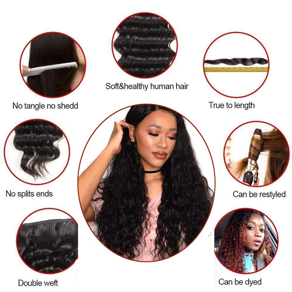 Brazilian Virgin Hair Bundles Water Wave Human Hair Bundles (16 18 20 22) 9A Unprocessed 100% Human Hair Wet and Wavy Hair Weave Bundles Can Be Dyed Deep Curly 4 Bundles Hair Extensions Natural Color