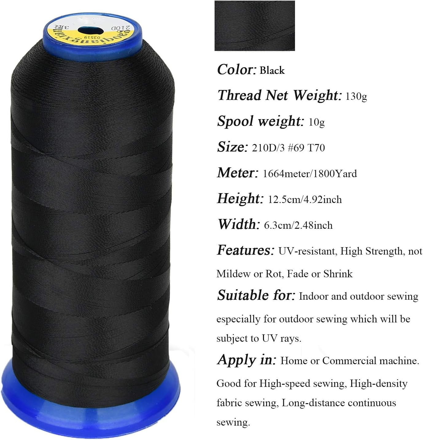 Heavy Duty Thread 1800 Yards Size T70#69 210D/3 All Purpose High Strength Polyester Sewing Thread for Weaves, Upholstery, Jeans and Weaving Hair, Drapery, Beading, Purses, Leather (Black)