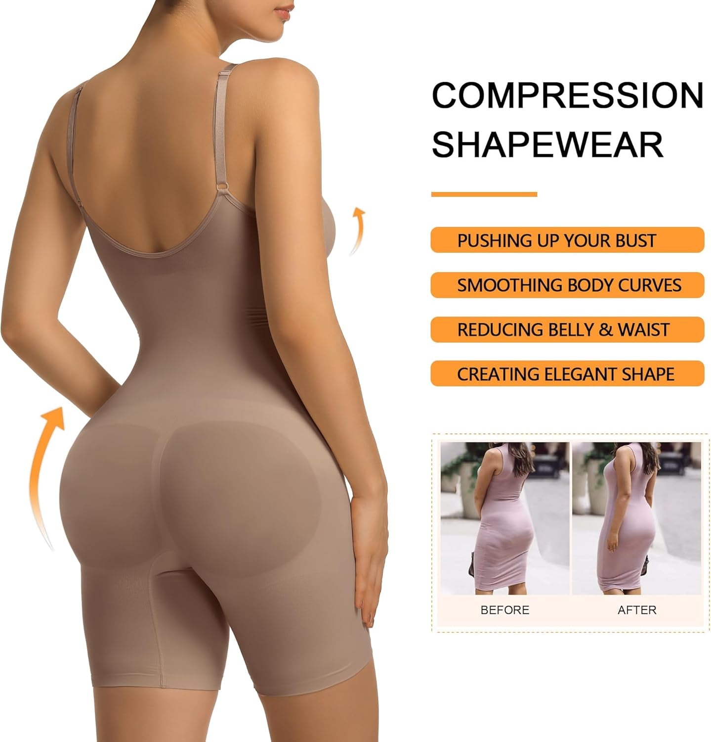 Women'S Bra Free Bodysuits Tummy Control Shapewear Mid Thigh Body Shaper with Removable Pads