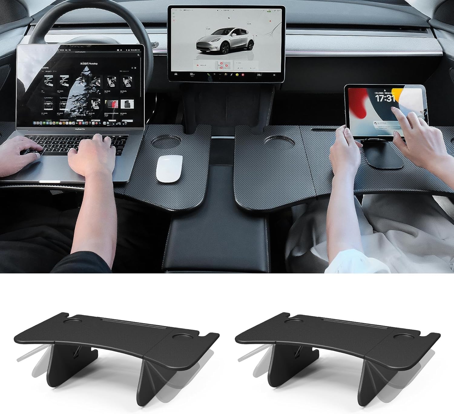 Car Laptop Desk for Tesla Model Y Model 3: Carbon Fiber Texture Tray, Foldable Food Table for Dining, In-Car Work, and Outdoor Travel, 2024 Multi-Functional Tesla Accessories (1 Pack)