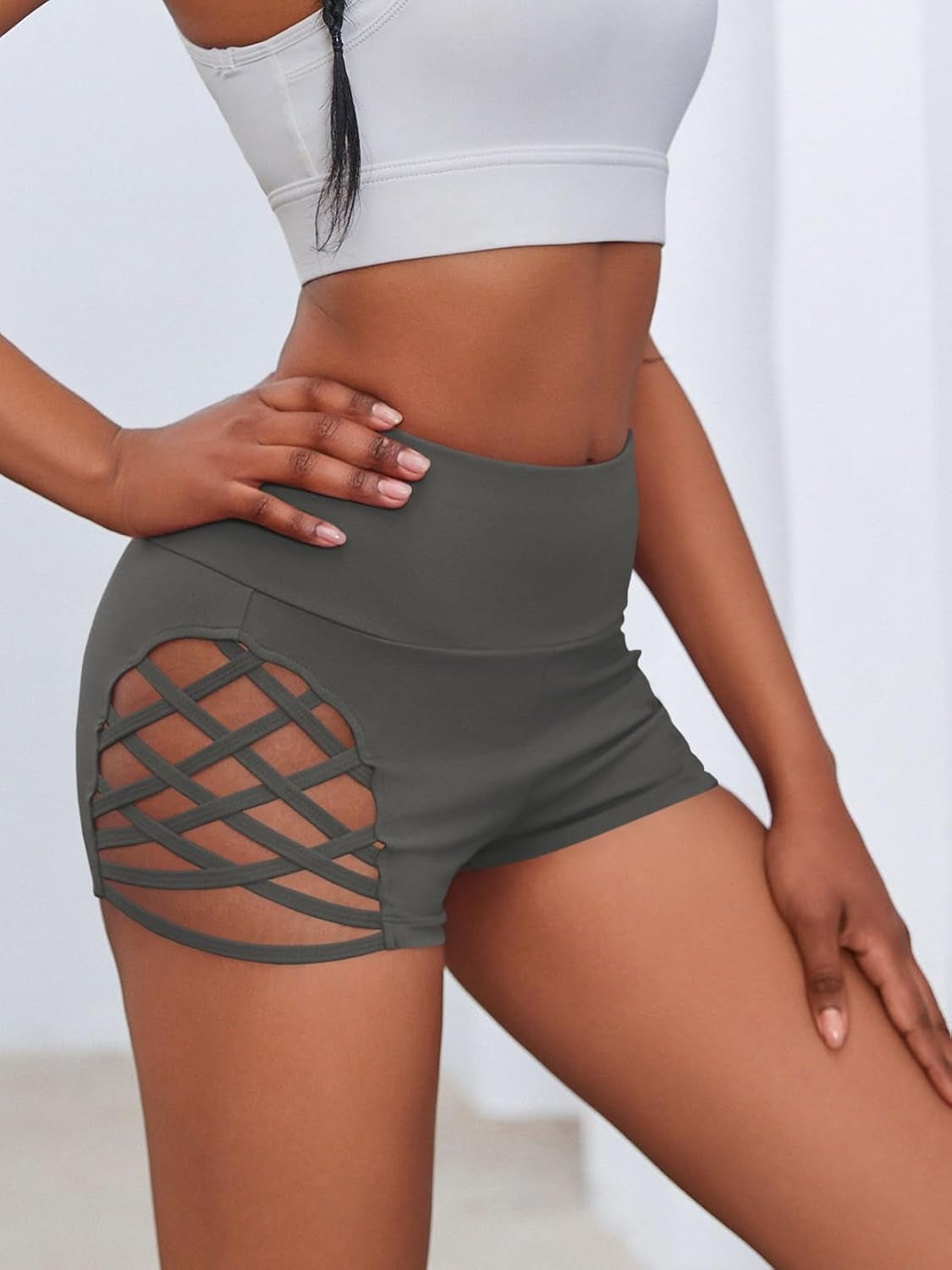 Women'S Workout Yoga Shorts High Waist Tummy Control Criss Cross Athletic Sports Booty Short Leggings