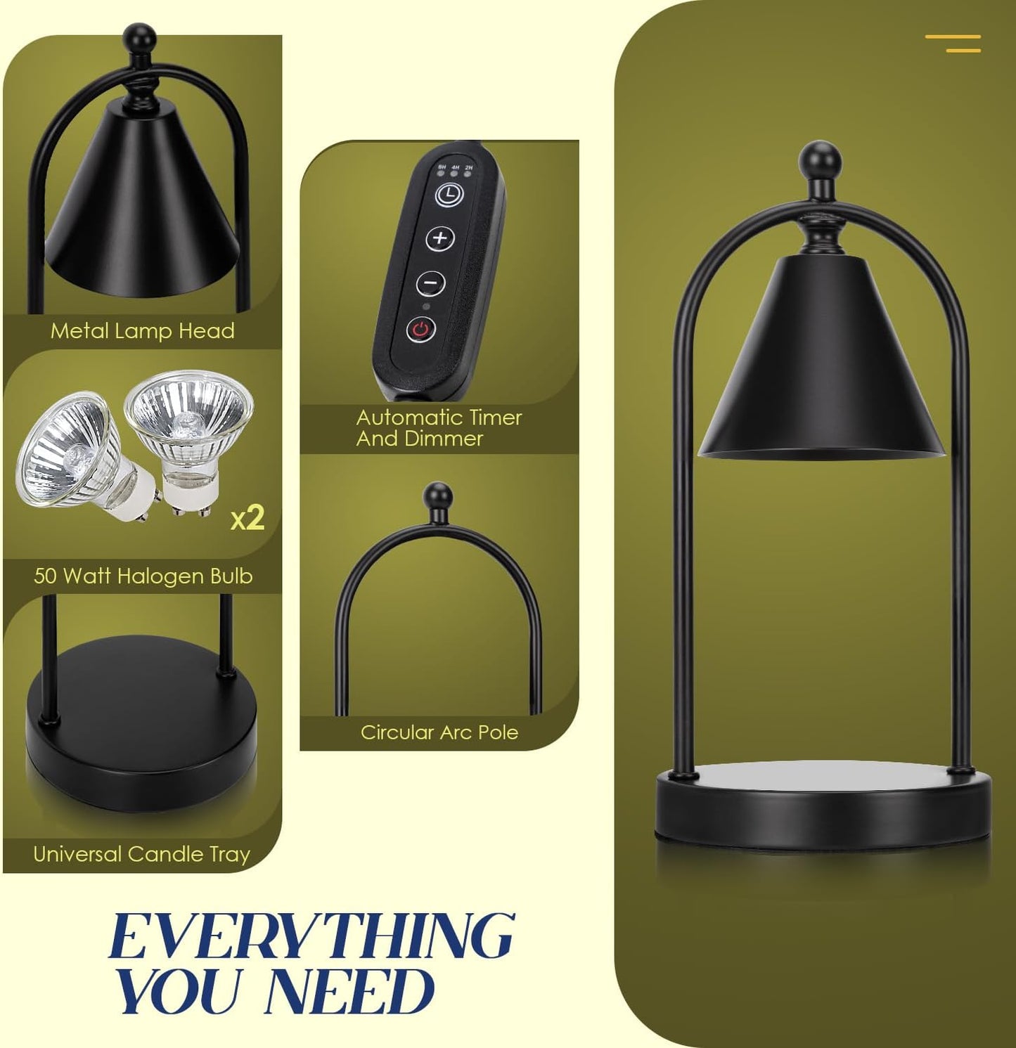 Candle Warmer Lamp with Timer, Electric Black Candle Warmer Light for Bedroom, Dimmable Wax Melts Warmer for Candle Jars, Home Decor beside Lamp Gifts for Women (2 Bulbs Included)