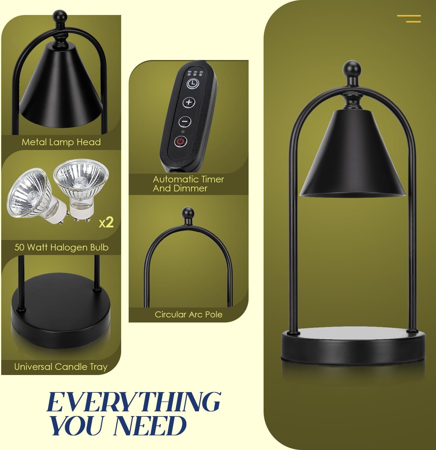 Candle Warmer Lamp with Timer, Electric Black Candle Warmer Light for Bedroom, Dimmable Wax Melts Warmer for Candle Jars, Home Decor beside Lamp Gifts for Women (2 Bulbs Included)