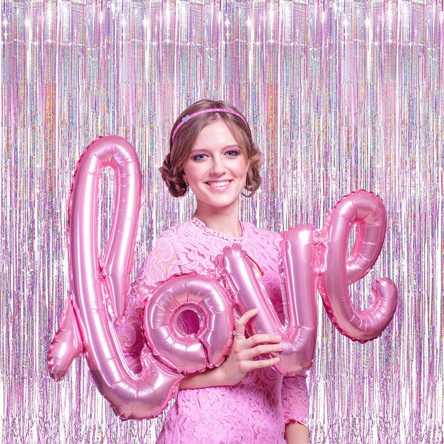 Pink Tinsel Foil Fringe Curtains - 2 Pcs 3.2X8.2 Ft Metallic Holidays Photo Backdrop for Girl Birthdays Bridal Shower Sweet Dount Bachelorette Party Supplies Decorations