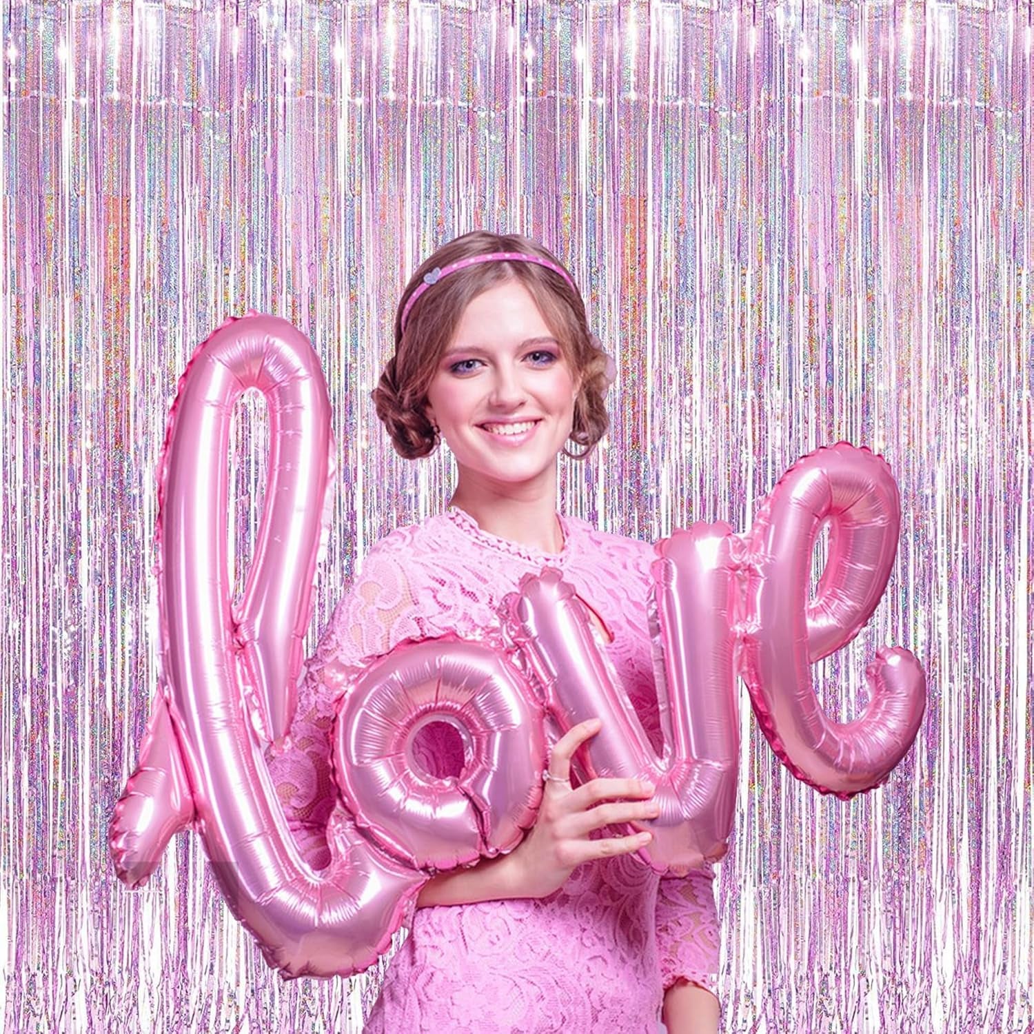 Pink Tinsel Foil Fringe Curtains - 2 Pcs 3.2X8.2 Ft Metallic Holidays Photo Backdrop for Girl Birthdays Bridal Shower Sweet Dount Bachelorette Party Supplies Decorations