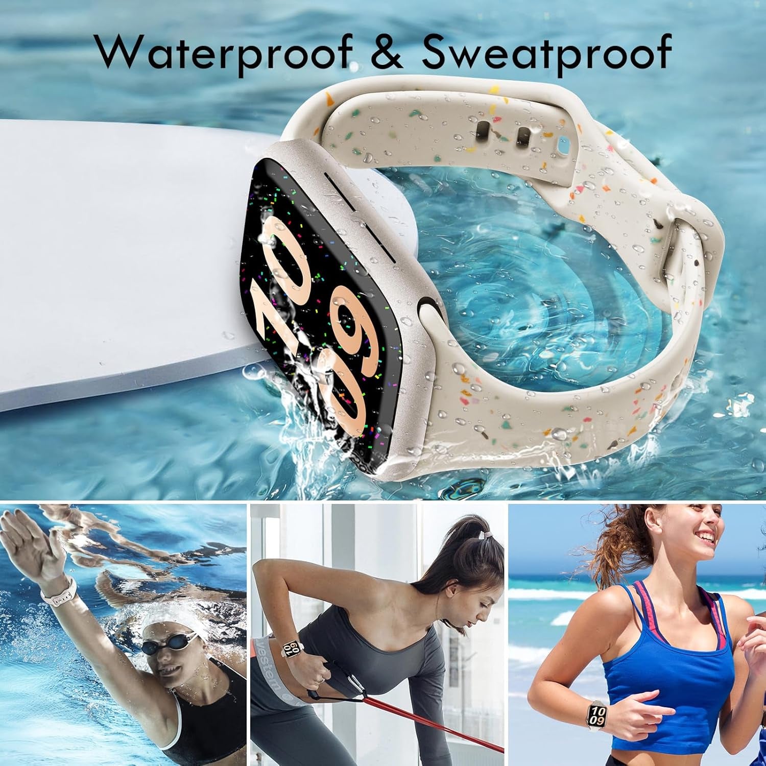 Sport Band Compatible with Apple Watch Band 44Mm 45Mm 42Mm 46Mm for Women Girls, Silicone Slim Wristband for Apple Watch Bands, Breathable Recycled Strap for Iwatch Bands Series 10 9 8 7 6 SE 5 Ultra 4 3 2 1 - Starlight