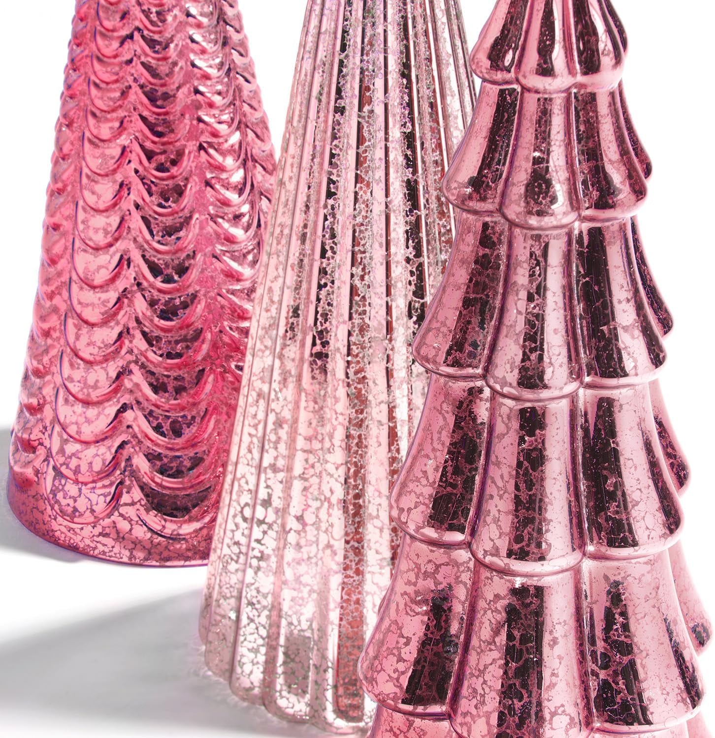 Table Top Christmas Tree Decorations with Fairy Lights, Set of 3 Assorted Trees, 10 Inch Tall, Pink Mercury Glass Finish, Batteries Included, Holiday Table Centerpiece and Mantle Decor