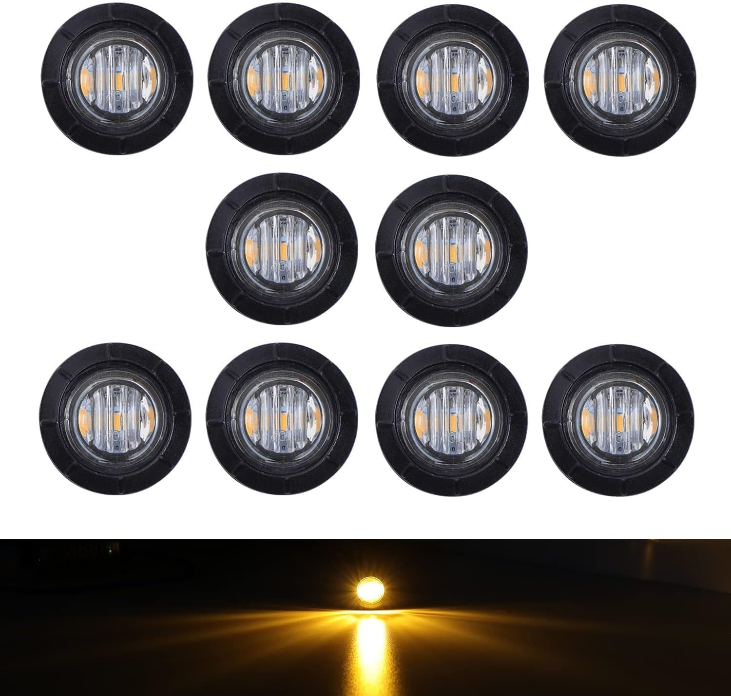 50 Pcs 3/4 Inch Mount Amber 3 LED Mini round Trailer Side Marker Indicator Lights Clearance Button Signal Lamps Universal for Trucks Lorry Boat Pickup Bus Caravan RV Waterproof Sealed Bulbs 12V DC