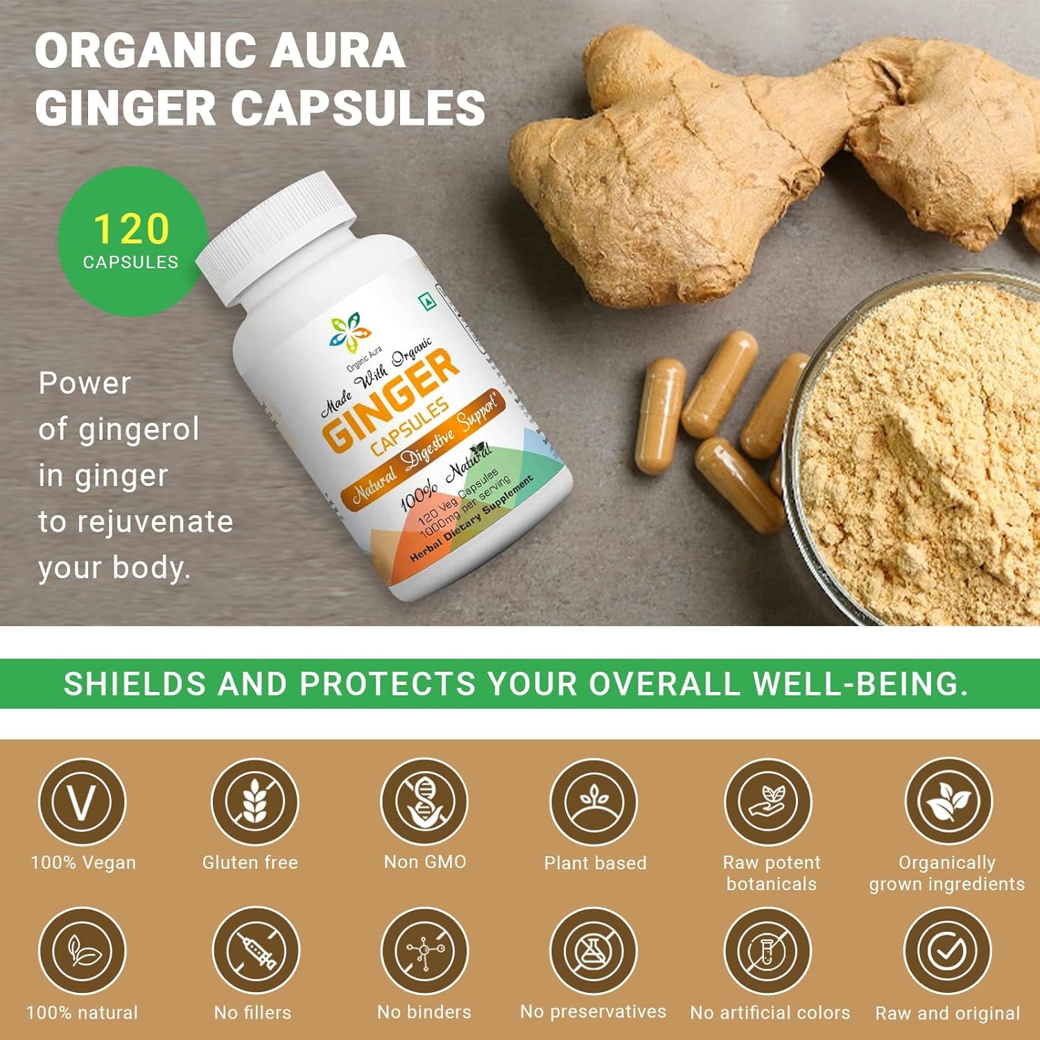 Organic Aura Ginger Capsules - 120 Veg Capsules. 2 Month Supply. Naturally Boosts Digestion, Relief Stomach Upset and Improves Immunity. No GMO and Gluten Free. TLBH
