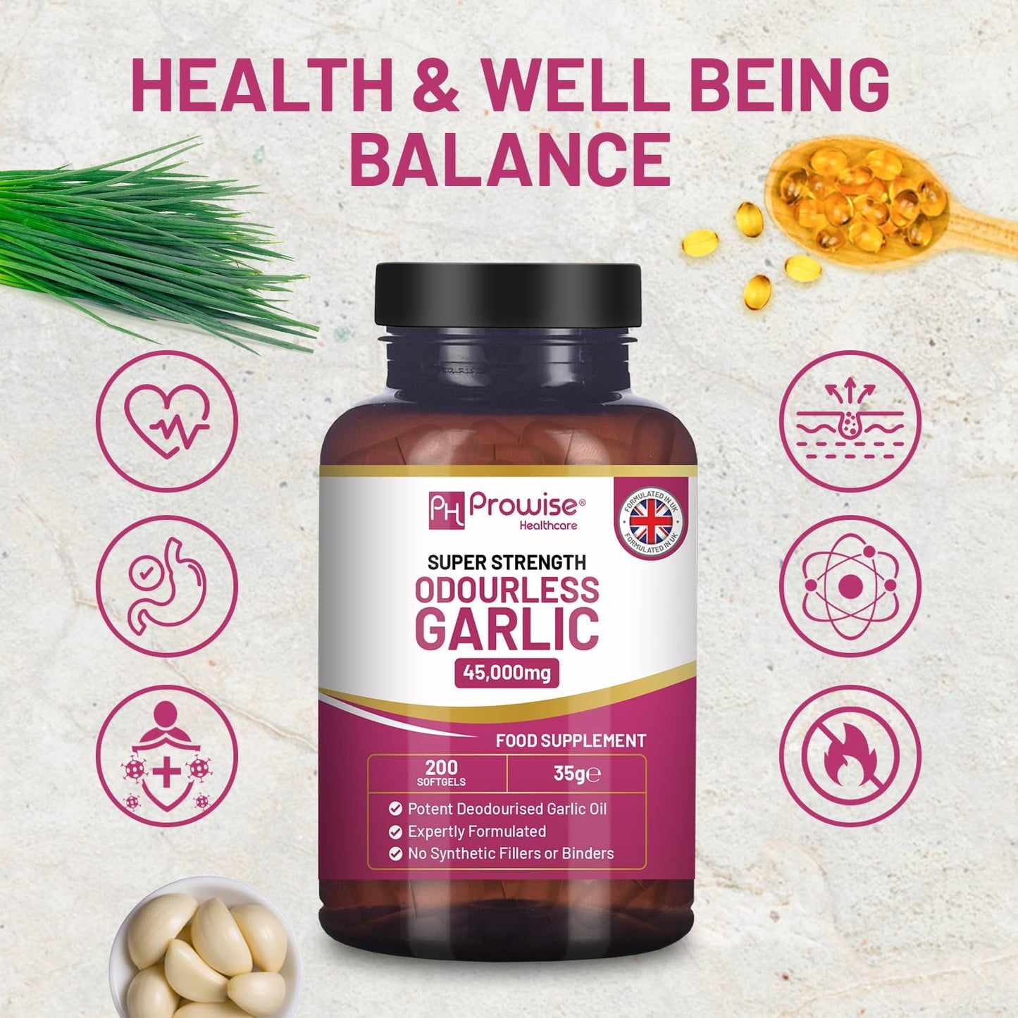 Premium Odourless Garlic Capsules | 45,000Mg per Softgel | 200 Softgels (Not Tablets) Super High Strength | Cold Pressed and Deodourised Premium Garlic Oil Extract from Allium Sativum TLBH