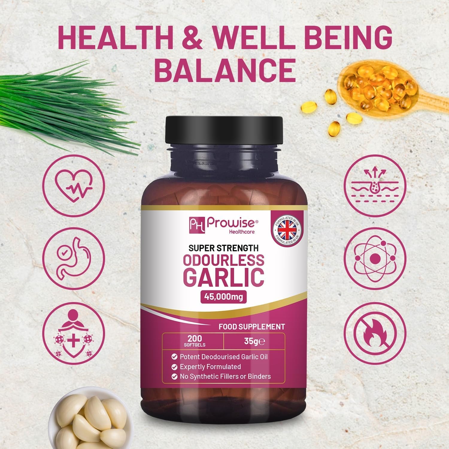 Premium Odourless Garlic Capsules | 45,000Mg per Softgel | 200 Softgels (Not Tablets) Super High Strength | Cold Pressed and Deodourised Premium Garlic Oil Extract from Allium Sativum TLBH