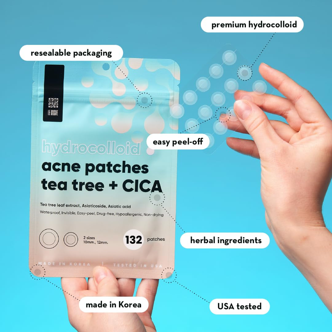 Korean Pimple Patches for Face (132 Dots) - Hydrocolloid Acne Patches with Tea Tree Oil - Invisible Zit Stickers - Dermatologist Tested - Korean Skin Care