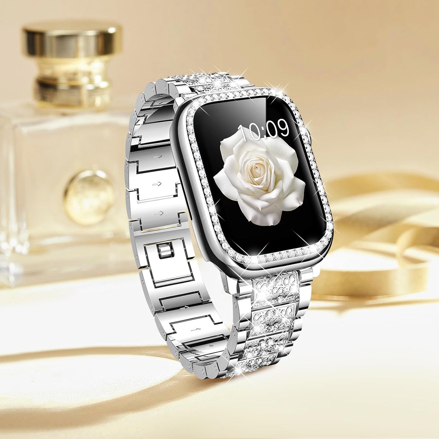 Compatible with Apple Watch Band 38Mm 40Mm 41Mm 42Mm 44Mm 45Mm 49Mm with 2 Pack Case Women, Jewelry Replacement Metal Wristband Strap with Bling PC Protective Case for Iwatch Ultra SE Series 9/8/7/6/5/4/3/2/1