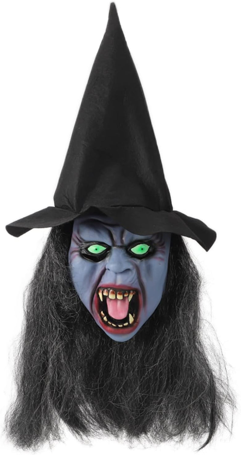 Witch Halloween Mask Latex Witch Mask with Black Hair and Hat, Scary Horror Cosplay Costume Masks Old Witch Dress up for Men Women Party Decoration Props