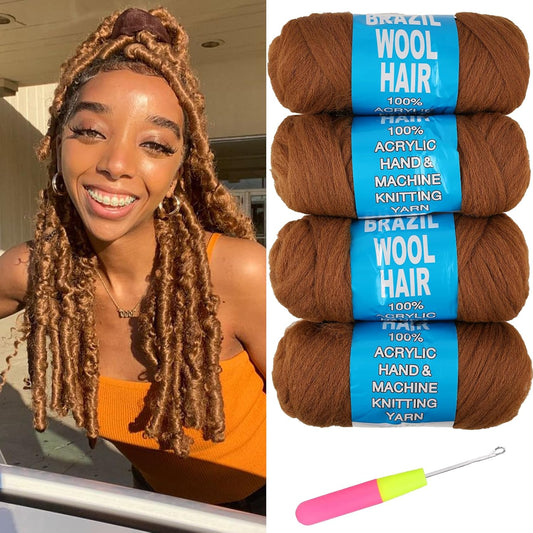 4 Pcs Brazilian Wool Hair for Braids Acrylic Hand Knitting Yarn for African Faux Locs Crochet Hair for Black Women Goddess Crochet Box Braid Braiding Hair Extension(#13)