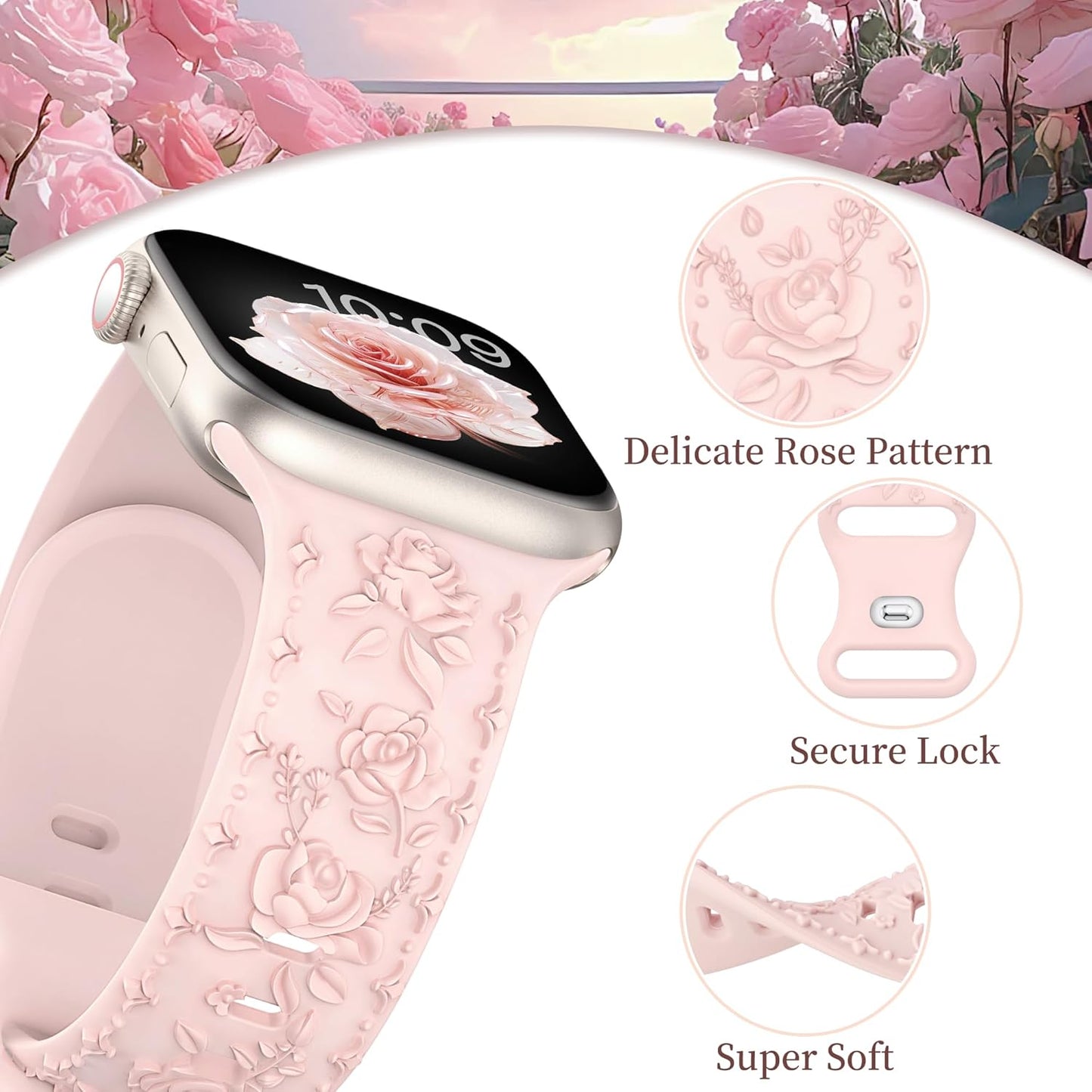 2 Pack Floral Silicone Band for Apple Watch Bands 46Mm 45Mm 44Mm 42Mm(S3) Iwatch Bands Series 10 9 8 7 SE 6 5 4 3 for Women, Cute Fancy Dressy Engraved Strap
