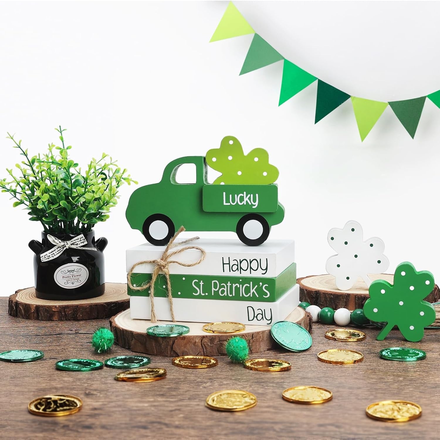 St Patricks Day Decorations, St Patricks Day Decor - Wooden Book Stack & Green Truck & 3 Shamrock Decor for Table, Tiered Tray, Office Desk, Mantel, Saint Patricks Day Decorations for Home