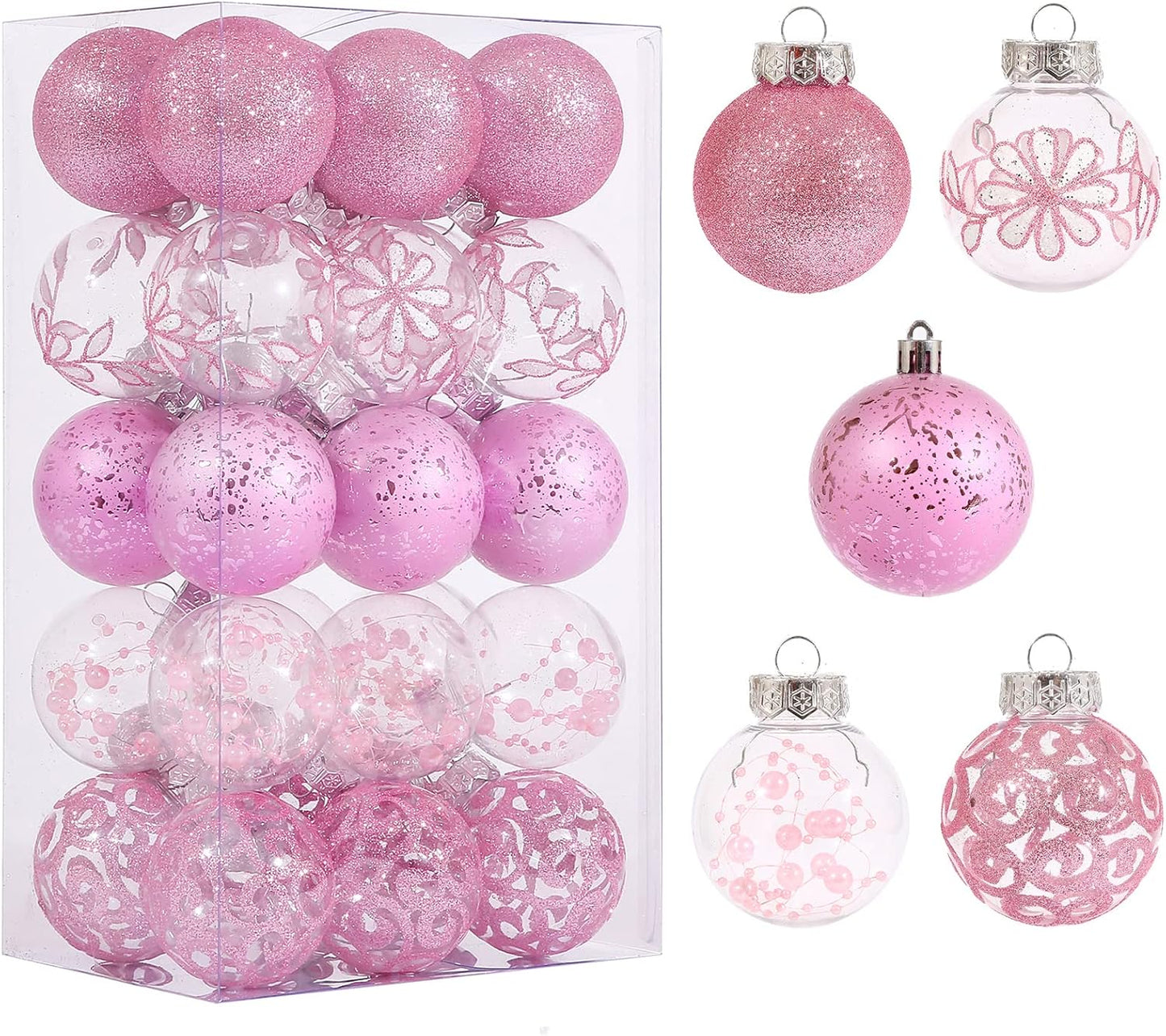 Clear Christmas Ornaments Set, 30Ct 2.36Inch Pink Clear Xmas Baubles for Christmas Tree Ornaments and Decorations Shatterproof Christmas Hanging Balls with Stuffed Decoration for Xmas Wedding Party
