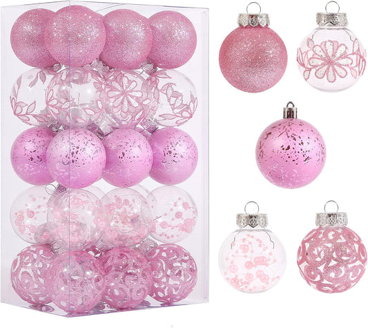 Clear Christmas Ornaments Set, 30Ct 2.36Inch Pink Clear Xmas Baubles for Christmas Tree Ornaments and Decorations Shatterproof Christmas Hanging Balls with Stuffed Decoration for Xmas Wedding Party