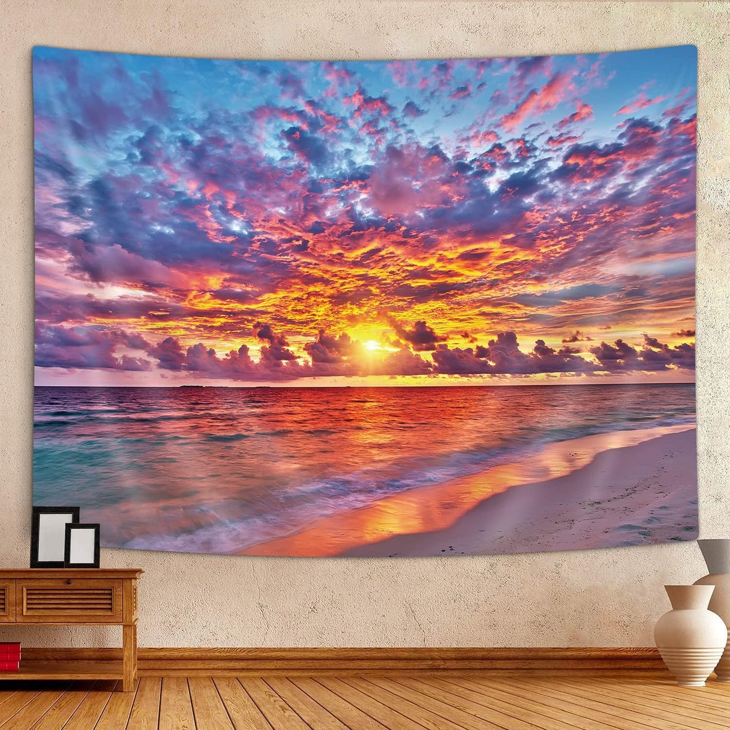 Tropical Ocean Sunset Sea Landscape Tapestry Wall Hanging Decoration, Purple Clouds and Gloden Sunshine, Wall Tapestry for Dorm Living Room Bedroom, Wall Blanket Wall Decor Wall Art Home Decor 71X60