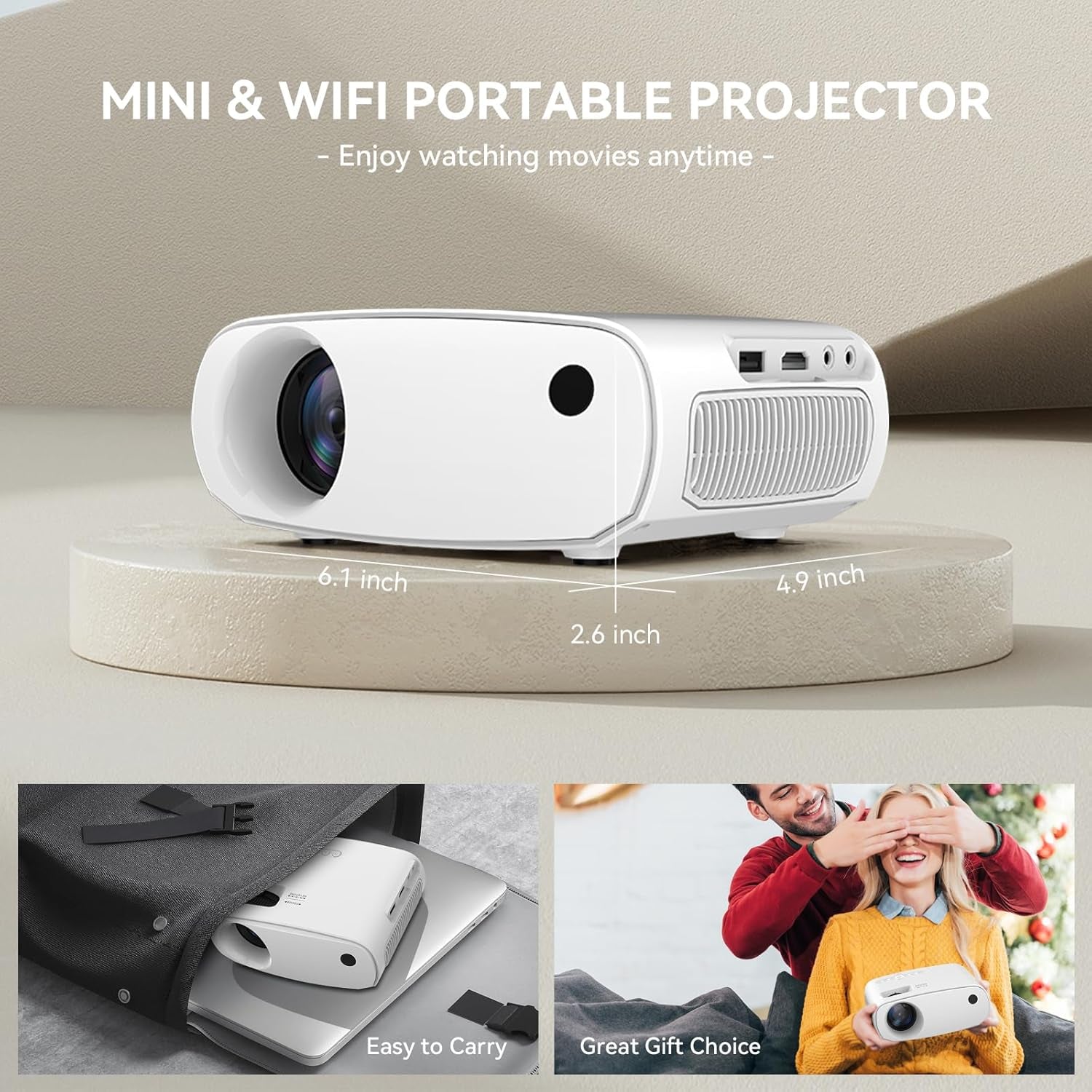 Mini Projector with Wifi Portable Projector Support 1080P 170" Mini HD Movie Projector, Outdoor Projector Compatible with Phone/ Tablet/ Laptop/ TV Stick/ PS4/ HDMI/USB - White
