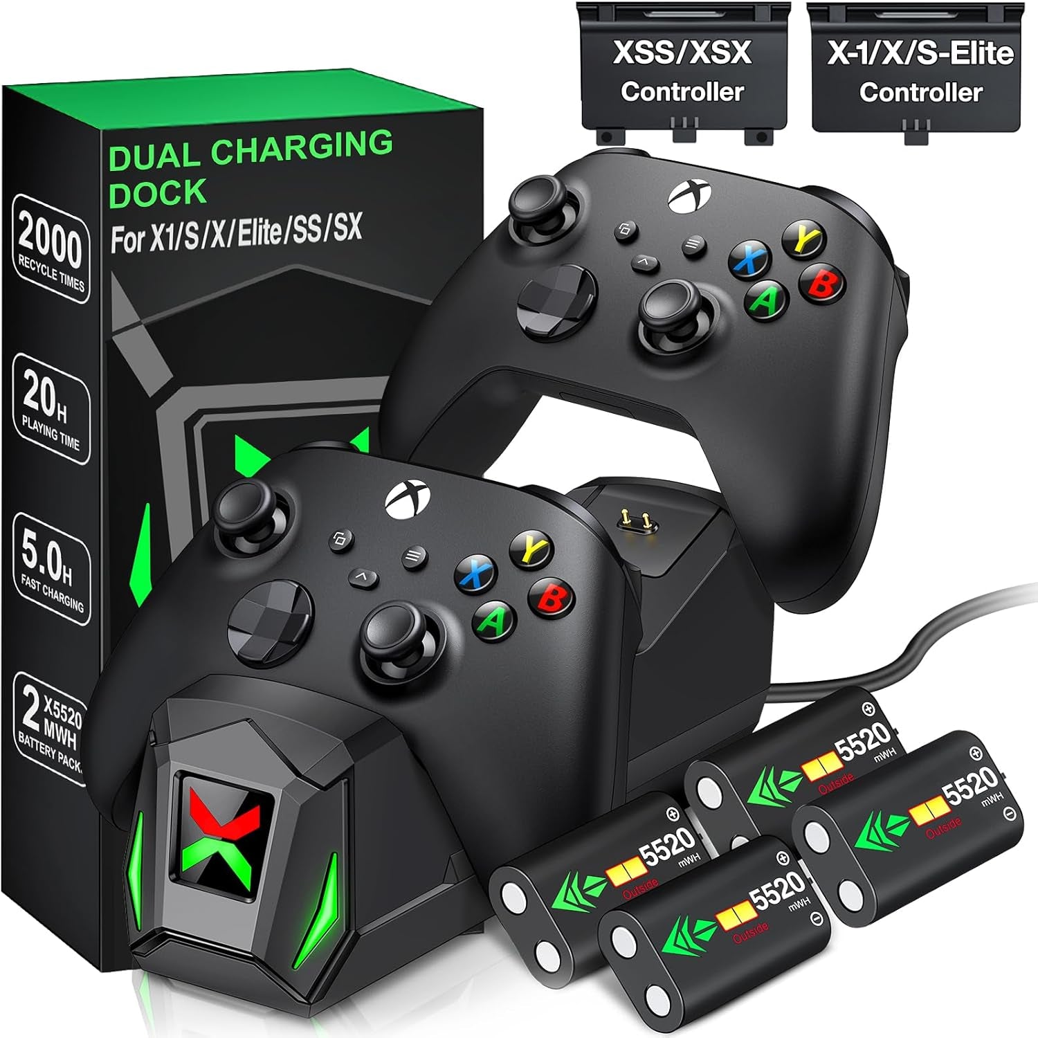 Upgraded Controller Charger Station with 2X5520Mwh Rechargeable Battery Packs for Xbox One/Series X|S Controller, Dual Charging Dock for Xbox One Controller Battery Pack (Controller Not Included)