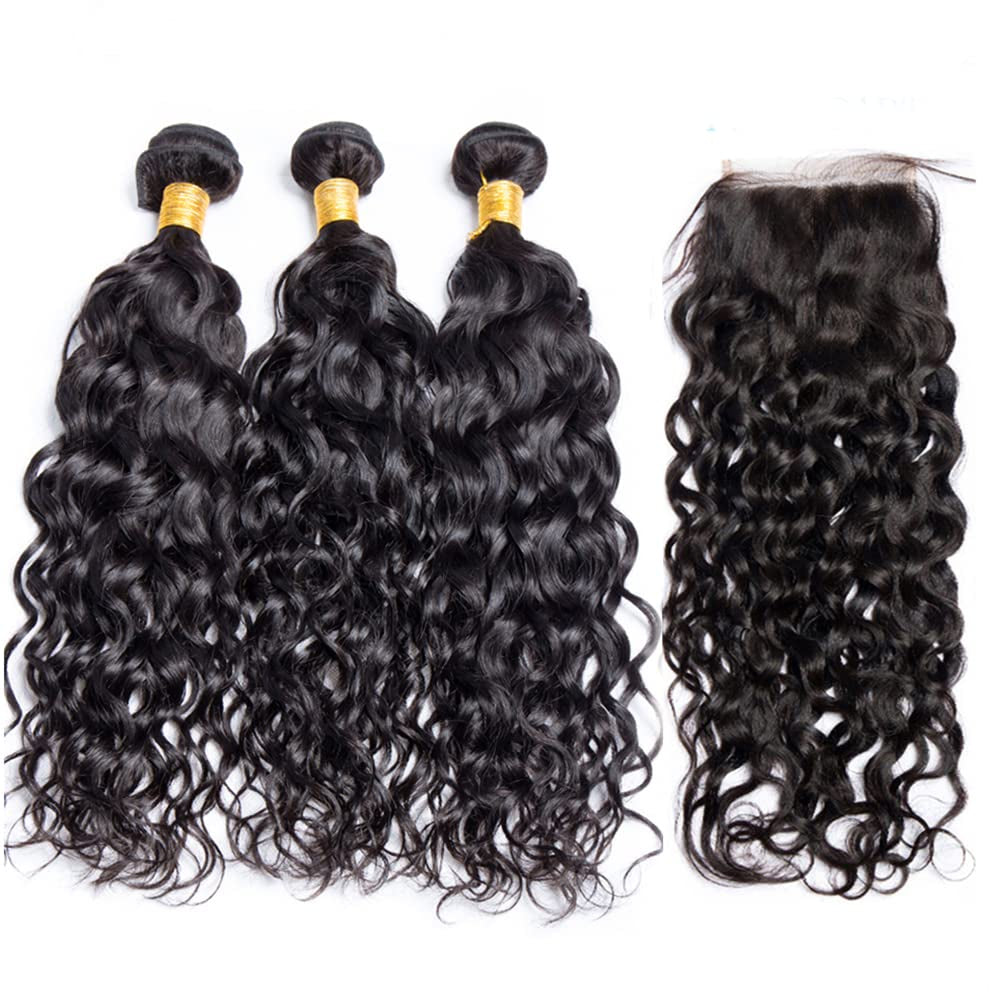 Water Wave Bundles and Closure Curly Wave Bundles with 4X4 Free Part Closure Ocean Wave Wet and Wavy Human Hair Bundles with Lace Closure (10 12 14+10) Pre Plucked with Baby Hair Natural Color