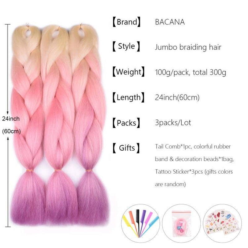 Blonde Braiding Hair Ombre Blonde Pink Purple Braiding Hair 3Pcs Ombre Synthetic Jumbo Braid Hair Extension for Braiding Twist Braids Kanekalon Hair 24 Inch Soft 100G/PC