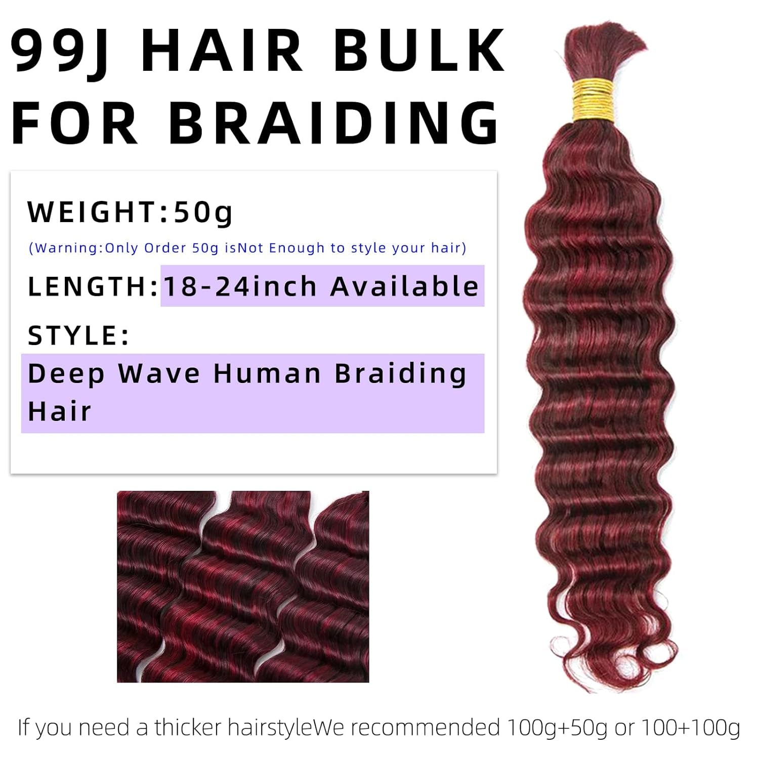 Langer 99J Burgundy Human Braiding Hair Deep Wave Bulk Human Hair for Braiding No Weft Bundle 100G 2 Bundles/Pack 16A Brazilian Virgin Water Curly Human Hair Extensions for Boho Braids Hair 20 Inch